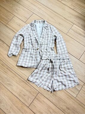 A New Day Linen Gingham Blazer Shorts Set Beige Cream Size S Plaid Suit